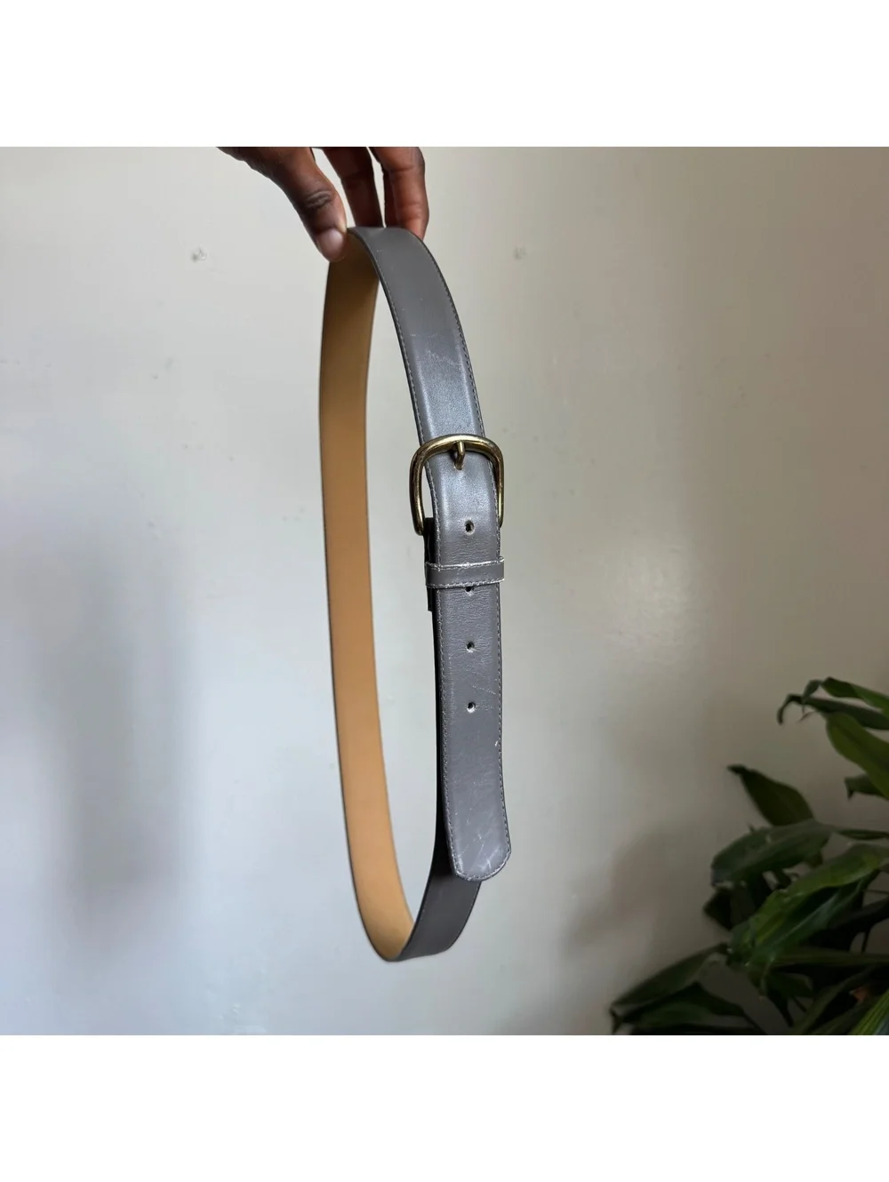 Vintage Gray Leather Belt Gold Brass Buckle Minimalist Classic size 40